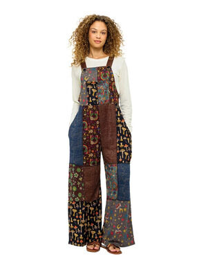 26815 | Yak & Yeti Boho Patchwork Mushroom Rainbow Prnt Overalls | Size S/M-L/XL